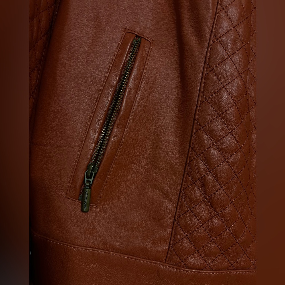 Bradley Bayou 100% Leather Jacket Womens Burnt Orange Quilted Full Zip Pockets - Picture 4 of 6